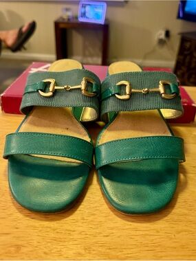 A2 By Aerosoles Teal Slide Sandals with Gold Bit Trim